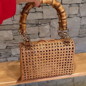 Elegant Serpui Tan Woven Handbag with Bamboo Handle